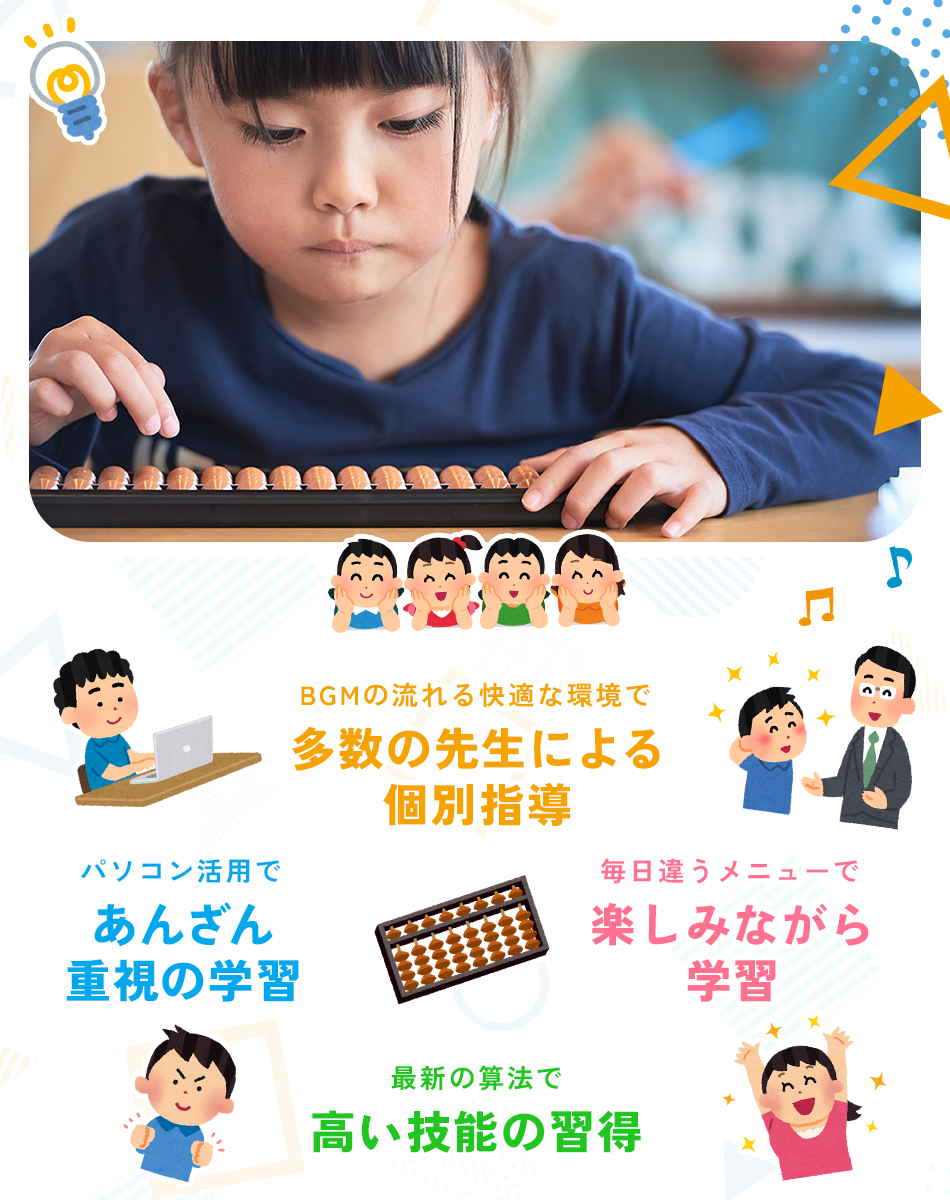 BGMの流れる快適な環境で多数の先生による個別指導 パソコン活用であんざん重視の学習 毎日違うメニューで楽しみながら学習 最新の算法で高い技能の習得
